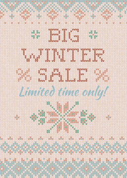 Big winter sale Limited time only. Discount flyer. Knitted pattern.