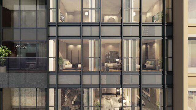 3d animation closeup of residential project facade