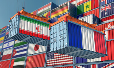 Freight containers on a Terminal with Iran and France flag. 3D Rendering 