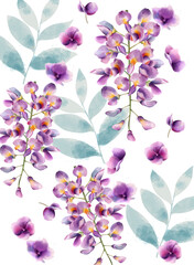 Lilac flowers and green leaves pattern. Watercolor