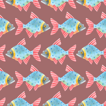 Watercolor seamless pattern of fish. Cute funny carp fish (karps, crucians). Hand drawn texture of an ornament on a dark pink background. Ideal for textiles, packaging, wallpaper, websites, cards.