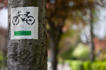 Szlak rowerowy, oznaczenie namalowanie na pniu drzewa. - obrazy, fototapety, plakaty