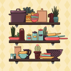 Shelf with dishes and flowers in the kitchen vector interior