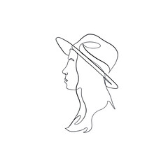 Linear minimal woman beauty face.  Sun protection head accessory. Minimal linear trendy girl in hat. Continuous line. fashion and beauty. 