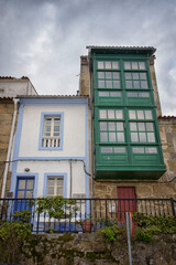 Fototapeta na wymiar Colored facades of fishermen's houses in Cambados, Rias Bajas, Pontevedra, Galicia, Spain, Europe.