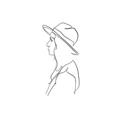 Linear minimal woman beauty face.  Sun protection head accessory. Minimal linear trendy girl in hat. Continuous line. fashion and beauty. 