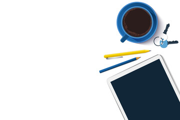 Workspace vector mock up set. Flat lay top view on realistic tablet, keys, coffee cup, pencil and pen. Home office stationery for freelance, distant work and online studying concept.