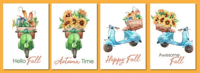 Set of watercolor greetings cards with vintage motorbikes, harvest and sunflowers