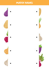 Find the half of each vegetable. Funny worksheet for kids.