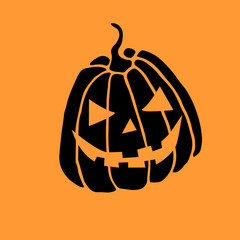 Simple black silhouette Halloween pumpkin isolated on orange background. Jack'O Lantern. Vector hand drawn illustration in flat style