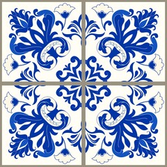 Majolica pottery tile, blue and white azulejo, original traditional Portuguese and Spain decor. Seamless patchwork tile with Victorian motives. Vector