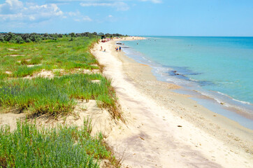 Shore of the Black Sea. In the distance, people sunbathe on the shores of the Black Sea.