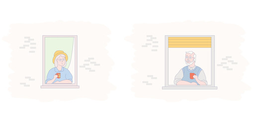 windows with elderly couple.Two flat characters - an elderly man and a woman - neighbors communicate and drink coffee. The facade of the house with open windows. Friendship, home stay, quarantine