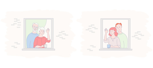 The facade of the house with open windows. The neighbors greet, wave their hands and drink tea. An elderly couple and a young family communicate. Friendship, stay at home, communication. The concept