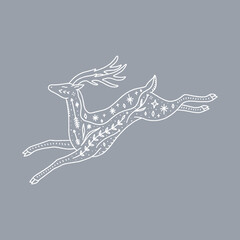 Isolated deer and night landscape inside, double exposure. Wildlife concept. Boho tattoo art, fantasy ethnic style. Vector illustration.