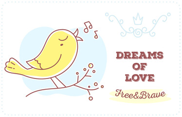 Vector template with illustration of beautiful singing bird sitting on a branch with notes, cloud and inscription.