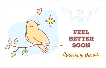 Vector template with illustration of beautiful singing bird sitting on a branch with blue cloud, decor and inscription.