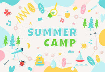Summer Camp, Community Center Club or Outdoor School. Colorful Banner for Kids Programs. Educational Activities and Spaces. Vector Illustration - 356098948