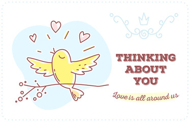 Vector template with illustration of beautiful singing bird flaps its wings sitting on a branch with hearts and inscription.