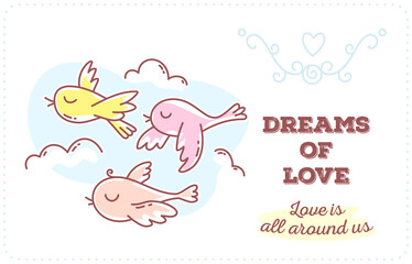 Vector template with illustration of migratory birds are back home in the spring with inscription.