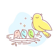 Vector illustration of cute bird family. Mother bird and three baby birds sitting in the nest on white background.