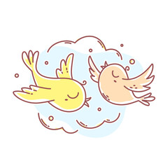 Vector illustration of romantic flying two birds in the sky with inscription.