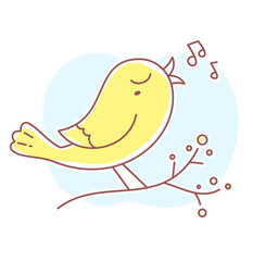 Vector spring illustration of beautiful singing bird sitting on a branch with notes and cloud.