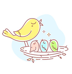 Vector illustration of cute bird family. Father bird and three baby birds sitting in the nest on white background.