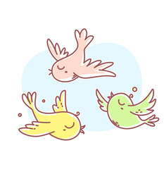 Vector illustration of beautiful flying retro color birds in the sky.