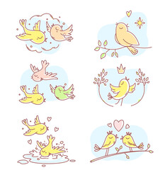 Vector collection of illustration of gentle color spring birds with blue cloud. Birds sit on a branch, fly, sing a song, bathe in a puddle.