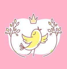 Vector spring illustration of beautiful singing yellow bird on pink background with branches and crown.