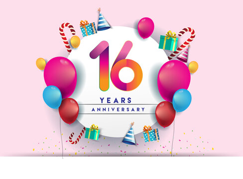 16th years Anniversary Celebration Design with balloons and gift box, Colorful design elements for banner and invitation card.