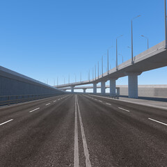 Concrete motorway junction with empty road. 3D illustration. 3D rendering.