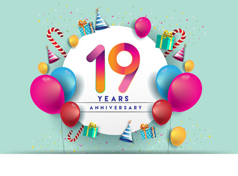 19th years Anniversary Celebration Design with balloons and gift box, Colorful design elements for banner and invitation card.