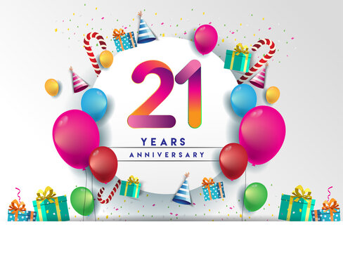 21st years Anniversary Celebration Design with balloons and gift box, Colorful design elements for banner and invitation card.