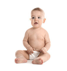 Cute little baby in diaper on white background