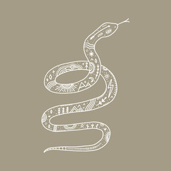 Isolated snake and night landscape inside, double exposure. Wildlife concept. Boho tattoo art, fantasy ethnic style. Ornate animal. Vector illustration.