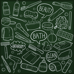 Bathroom Care Doodle Icon Chalkboard Sketch. Tools Home Clean and beauty.