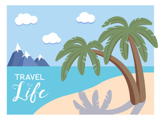 Fototapeta na wymiar Tropical beach postcard with sand, sea and palm trees. Flat vector illustration.
