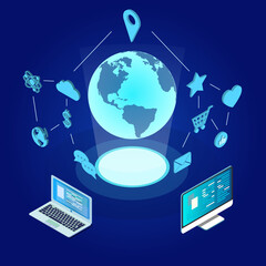 Global communication Internet network around the planet. Network and data exchange over planet. Connected satellites for finance, cryptocurrency or IoT technology EPS