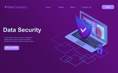 Cybersecurity isometric icon, data security concept, protected computer network, shield with laptop, safety cloud computing, data processing system, vector ultraviolet EPS