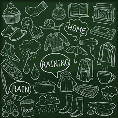 Rain Doodle Icon Chalkboard Sketch.
Raining Day Autumn Season Fall.