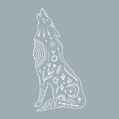 Wolf and night landscape inside, double exposure. Wildlife concept. Boho tattoo art, fantasy ethnic style. Ornate animal. Vector illustration.