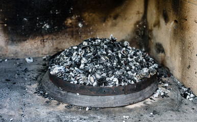 Making of homemade Italian pizza in fireplace brick oven.