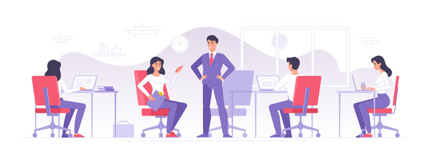 Fototapeta na wymiar Business team working in modern office vector illustration of male and female colleagues characters