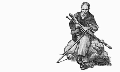 a piper seated on a rock to left with script in the background. Portrait from Ireland 50 Pounds...