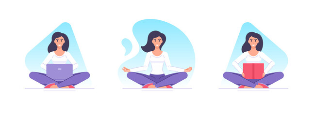Carton female character doing yoga at home and studying set of vector flat style