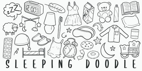 Sleeping Bed Doodle Line Art Illustration. Hand Drawn Vector Clip Art. Banner Set Logos.