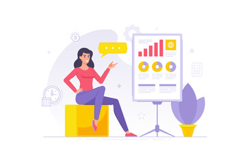 Modern cartoon businesswoman character showing infographic poster vector illustration