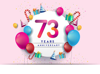 73rd years Anniversary Celebration Design with balloons and gift box, Colorful design elements for banner and invitation card.